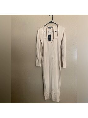 Missguided Cream Long Sleeve Cutout Ribbed Midi Dress